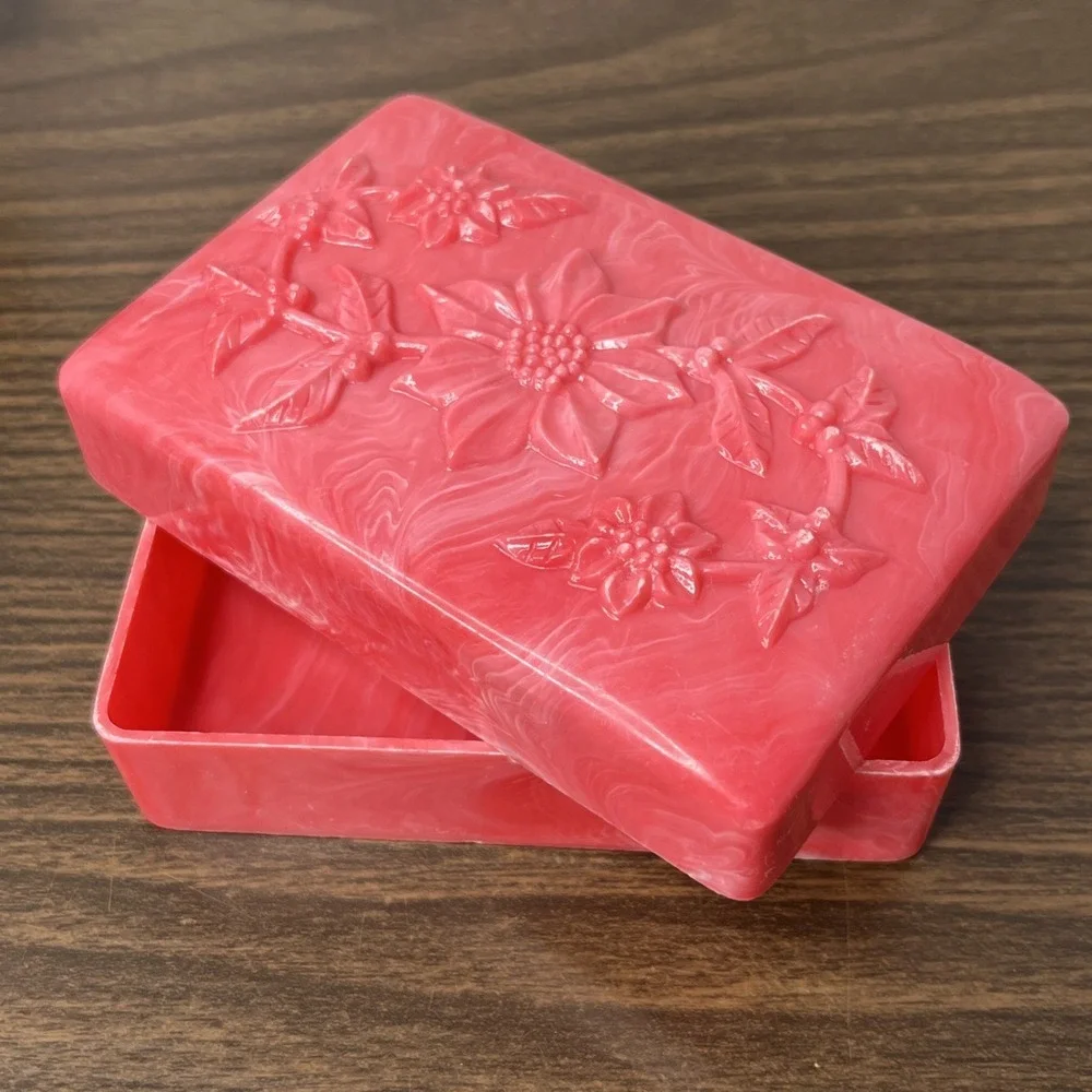 VTG Pink Marbled TILCO Soap / Trinket Box w Floral Embossed Lid Celluloid?